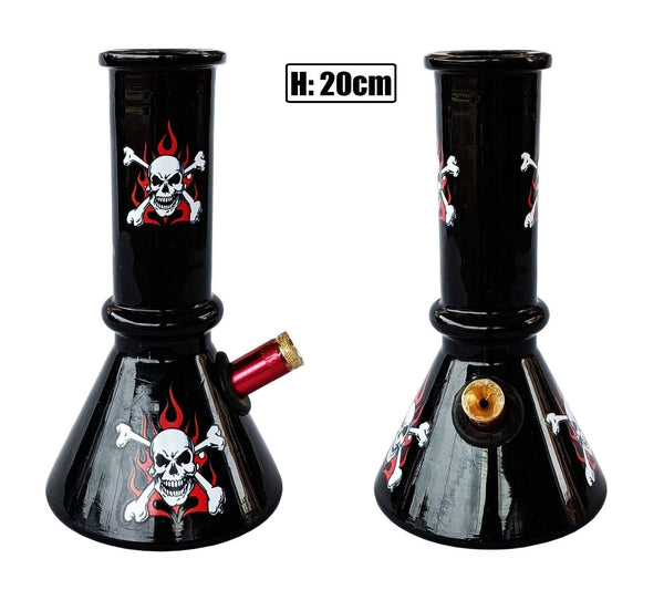Black bong with skull design, part of the 3G Beaker Variety (20cm) Glass Beaker Set.