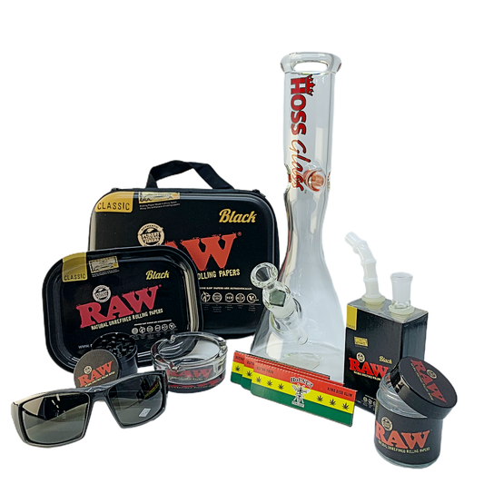 A complete raw premium Bong w 6PCS Smoking kit featuring various hemp-based products.
