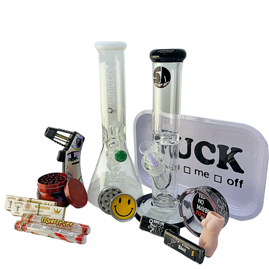 A collection of Glass Ice Bong Water Pipe Bongs Bundle, smoking accessories including a bong, pipe.