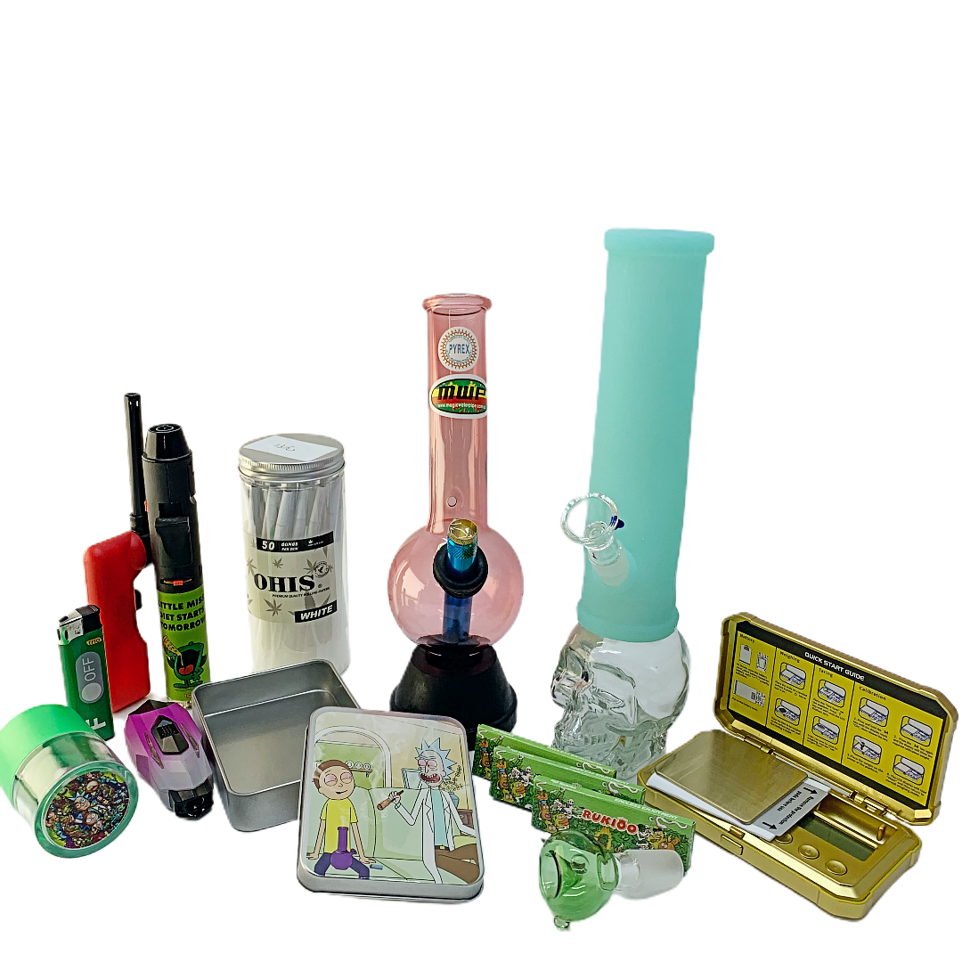 A collection of 2024 Top Shelf Bongs Mega Kit smoking paraphernalia, featuring a colorful bong and a glass pipe.