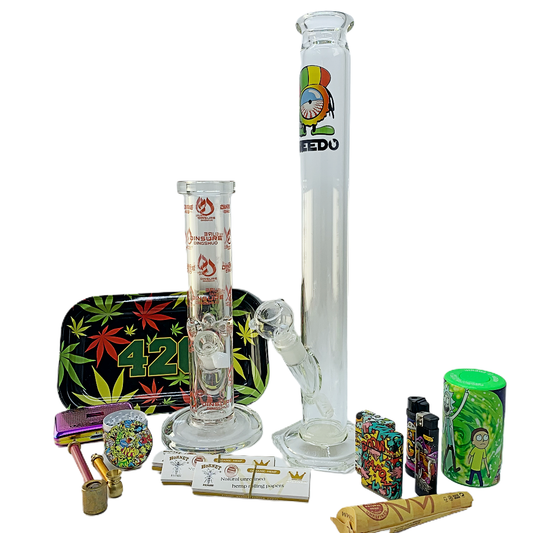 A display of various glass smoking accessories, including a thick 420 graphic bong and a colorful pipe.