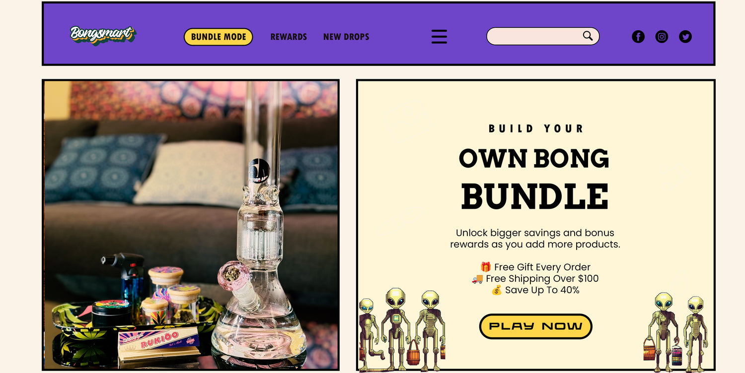 Bong bundle building page on a Bongs Mart AU with a glass bong and promotional text.