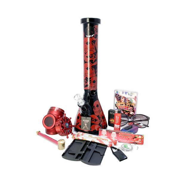 Bong Bundle Pack - Skulls Glass Bong Black & Red