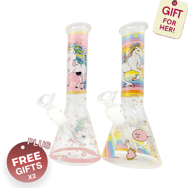Two colorful glass pipes with unicorn designs on a white background, one with a 'Gift for Her!' tag and another with a 'Plus Free Gifts x2' tag.