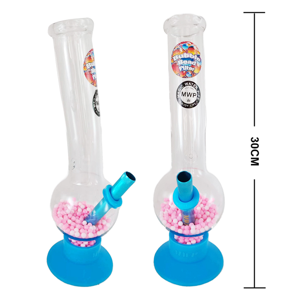 30cm Blue Bent Bubble Bong with Beads - Metal Stem MWP Water Pipe