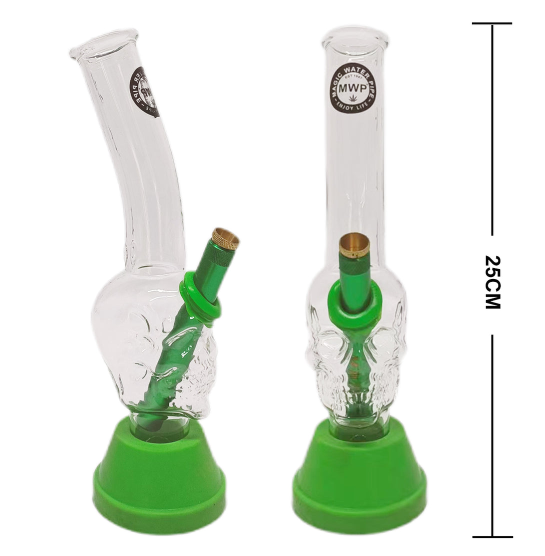 Two glass water pipes with green bases and accessories on a white background