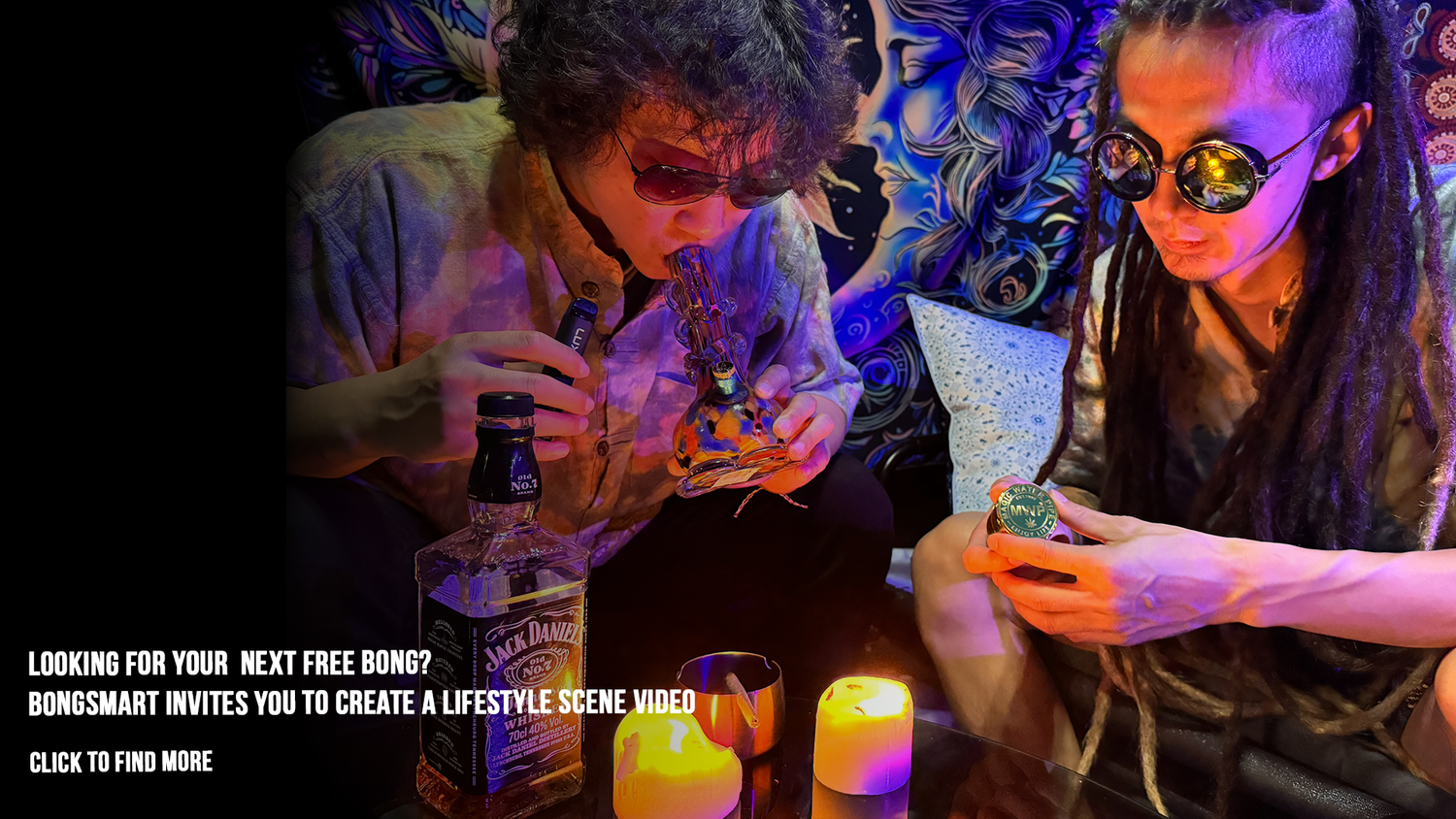 Two people enjoying bongs, with text inviting you to create a lifestyle scene video at BongSmart. 