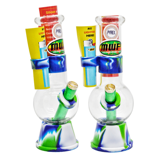 MWP Small Glass Bong with colorful silicone accents, having a green silicone downstems and silicone bases with a marbled, blue, green and white design, available at bongsmart.