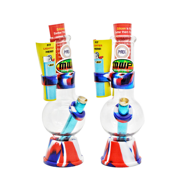 MWP Medium Glass Bongs with Red Silicone Base N Lighter Holder - 25cm
