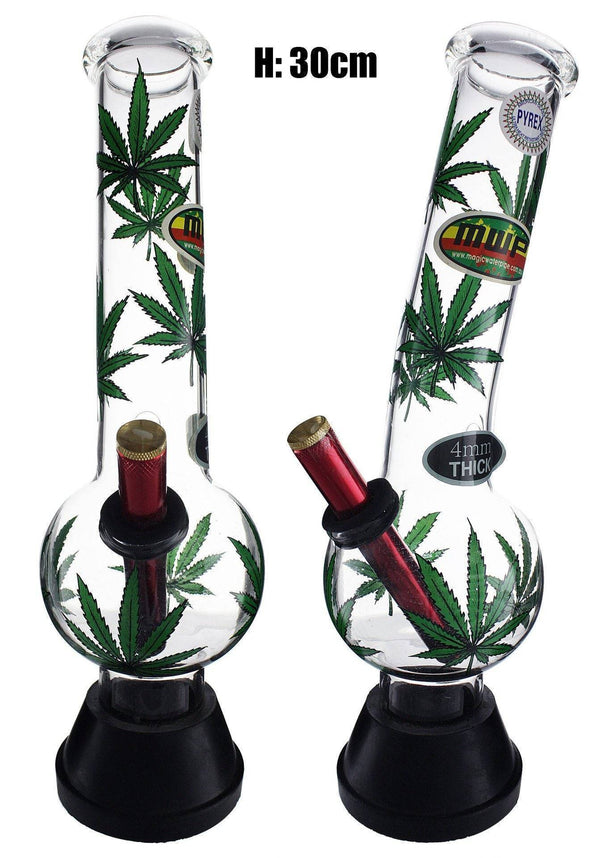 Large Glass Bonza Bubble Bong with Green Leaf Design - 30cm available online in Australia