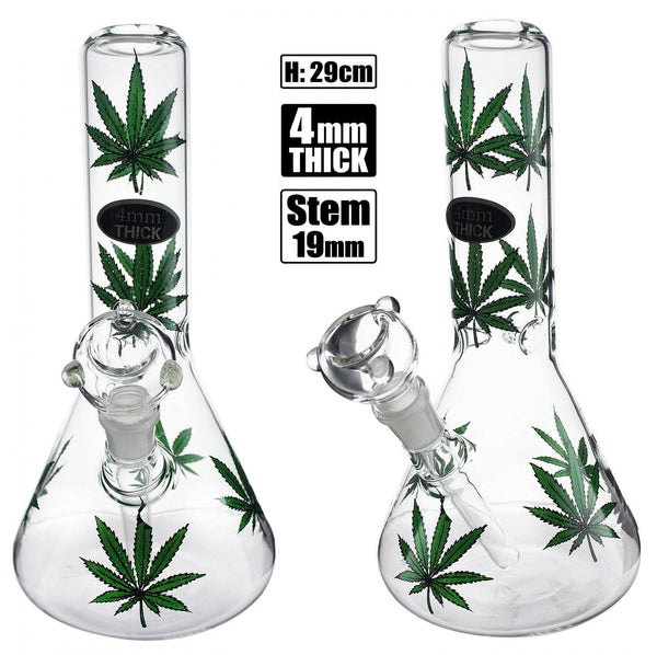 Stone Age Medium Beaker glass bong with green leaf design 29cm available online in Australia
