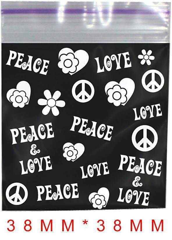 Peace Printed Bag 38mm X 38mm with various glass bongs and water pipes
