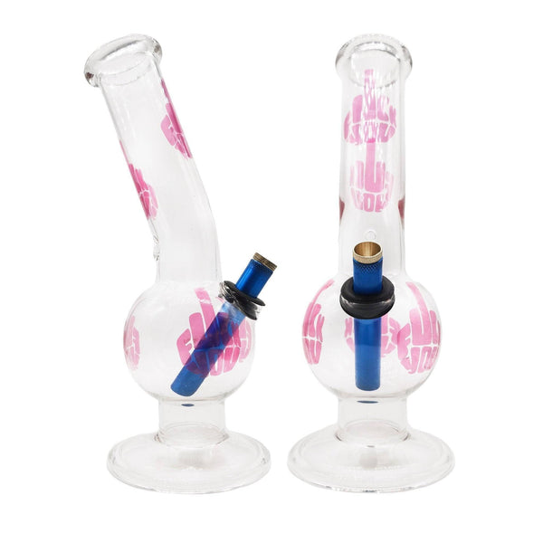 Bongfire Medium Bent Bubble at 28cm - BongsMart Australia Bubble Bong pair with pink flowers and hand design, blue stems, black bowls.
