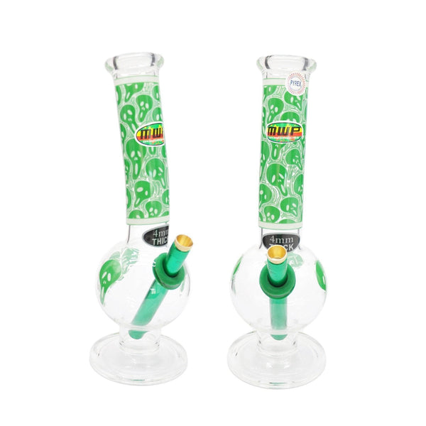 Medium Clear Bent Bubble with Green Skull (28cm) - Bongfire Bong - BongsMart Australia